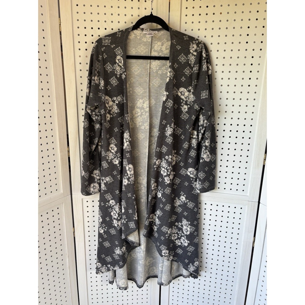 Honey & Lace California Long Duster Sweater‎ Gray Ivory Floral Women's M